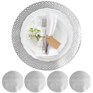 Metallic Tischsets 4er Set - Leicht zu reinigen, Abwaschbar Dekorative Tischsets für Küche und Esstisch - rutschfeste Runde Tischmatten - Geschirr & Zubehör - Esstisch Mittelstück Dekor, Silber