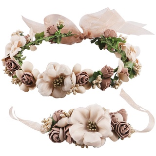 YSXYFrauen Mädchen Blumenkranz Blumenstirnband Blumenkrone Haarkranz Garland Halo mit Floral-Handgelenk-Band für Braut Fotografie Hochzeit Festival , Braun Kaffee, M