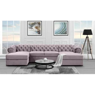 U-Form Ecksofa mit Schlaffunktion und Bettkasten Chester U-Shape Sofa im Chesterfield Stil, Stoff: kronos 27 - puderrosa, Knöpfe: Zirkonia - Braun