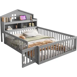 Kinderbett mit Lattenrost und Zaun, 140x200 cm, Rausfallschutz, Stauraum, Jugendbett, Holzbett, Kiefer - Grau