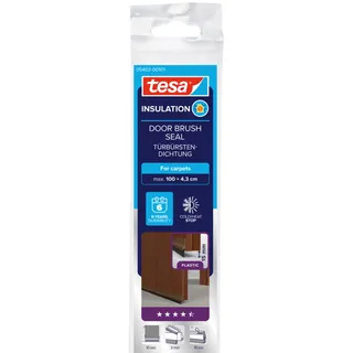 Tesa Türdichtschiene für Textilböden/Teppich - Selbstklebende Türdichtung zum Schutz vor Zugluft - Braun - mit Bürstendichtung bis 15 mm