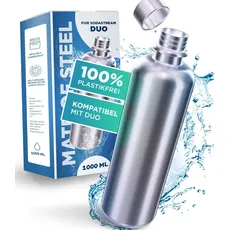 MATE OF STEEL® 100% Plastikfreie 1000ml Edelstahl Flasche Kompatibel mit Sodastream Easy & DUO - Spülmaschinenfest 1 Liter Trinkflasche aus Metall Soda Flaschen Ersatzflaschen