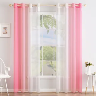 MIULEE 2er Set Voile Vorhang Zweifarbiger Vorhang mit Ösen Transparente Gardine Ösenschal Fensterschal Lichtdurchlässig für Schlafzimmer, 140x245cm, Rosa