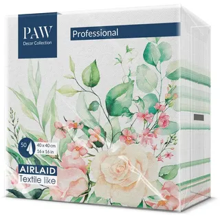 Paw Decor Collection PAW - Servietten aus Airlaid - Stoffähnlich (40 x 40 cm) I 50 Stück I Ideal für Hochzeit, Taufe, Kommunion, Geburtstag I Stoffservietten - Blumen, Rosen I Farbe: Floral Moments