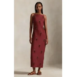 Polo Ralph Lauren für Damen. 211A96361001 Leinenkleid mit kastanienbraunen Perlen (36), Rot, Lässig, Party, Ärmellos / Hosenträger