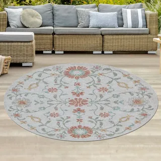 Teppich Outdoor Wohnzimmerteppich creme mit buntem Blumenmuster Größe - 120 cm Rund - Creme, Bunt