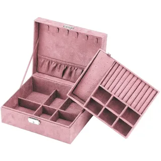 Intirilife Schmuckschatulle mit 2 Ebenen ROSA -23 x 13.5 x 9.5 cm- Abschließbare Schmuck Box Koffer Organizer zum Aufbewahren von Ringen Ketten Uhren Ohrringen und Armbändern- Reise Schmuckkästchen