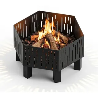 MetaloPro Hexa Cosmos Feuerschale sechseckig – Feuerstelle Garten 70 cm, 3 mm Stahl geschweißt, Lasercut Stern-Muster, schwarz pulverbeschichtet, EU-Herstellung