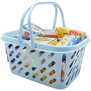 Tanner DER KLEINE Kaufmann Tanner Deco – Einkaufskorb aus Kunststoff (Pastellblau, mit Miniaturen, scannbare Barcodes, ab 3 Jahren, Kaufladen Zubehör) 4048.7