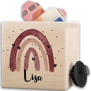 Shirtracer Spardose Holz personalisiert Regenbogen Aquarell | Holz, 10x10cm, Bunt, Wolken, mit Schlüssel und Schloss, Taschengeld, Wunscherfüller, Deko, Sparbox, Natur, Kinder, Geschenk