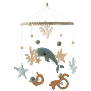 Herfair Meer Welt Mobile Baby Windspiele, 3D Delphine Mobile Baby Holz mit Filzbällen, Mobile Baby Mädchen Bettglocke Anhänger für Babybett Jungen und Mädchen (Blau)