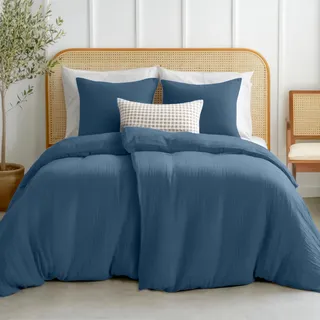 Dreamzie Musselin Bettwäsche 135x200 cm aus 100% Baumwolle – Bettwäsche Set mit 2 Bettbezüge und 2 Kissenbezüge 80x80 cm – Oeko-Tex Bettwäsche mit Reißverschluss – Blau