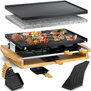KESSER® Raclette-Grill mit Naturgrillstein für 8 Personen, 1200W, inkl. 8 Pfannen & Holzspatel - Braun