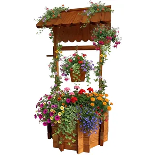 Relaxdays Zierbrunnen, bepflanzbarer Dekobrunnen, Gartendeko, Eimer & Kurbel, HBT 114 x 56 x 56 cm, Holzbrunnen, orange