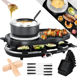 KESSER® 3in1 Raclette-Grill mit Naturgrillstein, Grillplatte und Fondue, Tischgrill für 8 Personen, Elektrogrill Raclette Grill antihaftbeschichteter Grillplatte, 8 Pfannen und Holzspatel