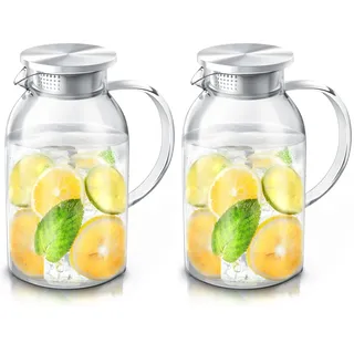 Arendo - 2.3L Glaskaraffe mit Deckel aus Edelstahl – Karaffe aus Glas - hitzebeständig bis +150°C – 2 Liter – Wasserkaraffe Hitze- und kältebeständig (Packung mit 2)