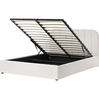 BELIANI Bett cremeweiß Stoffpolsterung mit Lattenrost 160 x 200 cm Hochklappbar Bettkasten Hohes Kopfteil Modern Schlafzimmer Doppelbett - Weiß