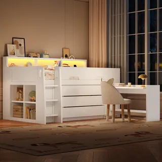 Merax Etagenbett 90x200 cm, Hochbett mit Ausziehbarer Schreibtisch, Kinderbett mit 3 Schubladen, Regal, LED Licht, USB Anschluss, Jugendbett, Weiß - Weiß