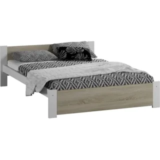 Bett aus Massivholz Kiefer & Möbelplatte mit gesundheitlich unbedenklichen Lacken & verstärkter Konstruktion, 205x132x58.5 cm, Weiß mit Sonoma Eiche - Naturbelassen