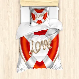 ABAKUHAUS Boje Mantele, Valentine Love Hearts, Milbensicher Allergiker geeignet mit Kissenbezügen, 135 cm x 200 cm - 80 x 80 cm, Orange Weiß-Creme - Orange