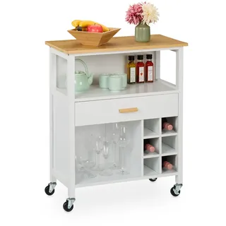 Relaxdays Küchenwagen, Weinregal für 6 Flaschen, Schublade, 2 Fächer, 80x65x35 cm, Bambus Arbeitsplatte, MDF, weiß/natur