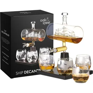 Oak & Steel - Whisky Dekanter, Schiff Karaffe (1000ml) mit Edelstahlhahn & 4 Whiskygläser - Valentinstags Geburtstags & Vatertags Geschenkset für Männer