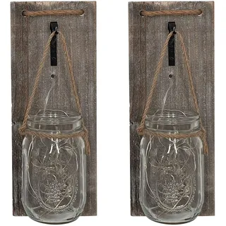 ISOTRONIC LED Dekoglas Wandleuchte 2er Set – Mason Jar Wanddeko mit Lichterkette & Holzbrett – Rustikale Wanddekoration im Landhausstil – Batteriebetriebene Hängeleuchte – DIY Einmachglas zum Befüllen