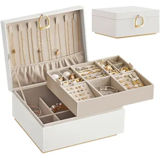 SONGMICS Schmuckkästchen 2 Ebenen, Schmuckkasten mit Griff, flexibles Schmucktablett, Schmuckbox, Schmuckaufbewahrung, schwebender Effekt, 20,5 x 24 x 11 cm, Geschenkidee, weiß JBC165W01