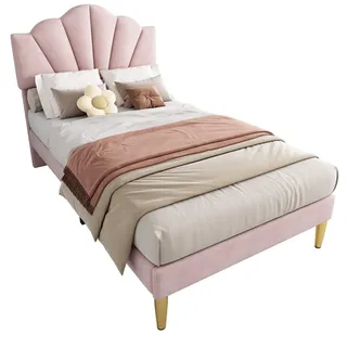 Flieks Polsterbett 90x200 Samt Muschelform Goldene Beine Rosa , Pink , Holz , 90x200 cm , Schlafzimmer, Betten, Polsterbetten