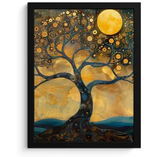 MuchoWow Poster MIT Rahmen Baum - Mond - Blumen - Gold - Kunst Bilderrahmen 30x40 cm , Orange , Papier , Rechteckig , 30x40 cm , gerahmt , Bilder & Rahmen, Bilder