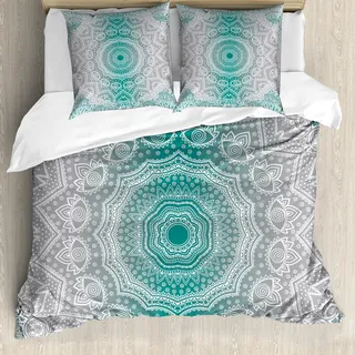 ABAKUHAUS Grau und Teal Bettbezug Set, Spiritualistscher Muster Turkiser Farbübergang Buddhismus Hinduismus Druck, 200 x 200 cm + 80 x 80 cm, Grau Teal