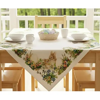 KAMACA Tischdecke Ostern nostalgisch – 85x85 cm Mitteldecke mit Hasen, Ostereiern & Blumen – Bunte Osterdecke waschbar – Dekorative Tischwäsche für Küche & Wohnzimmer