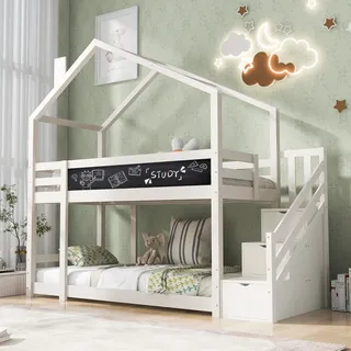 okwish Multifunktions-Kinderbett 90 x 200 cm mit Kamin, Stauraum und Absturzsicherung, Kinder-Hochbett inkl. Holzplanken – 2 Lattenroste – weiß (Matratze nicht im Lieferumfang enthalten) - Weiß