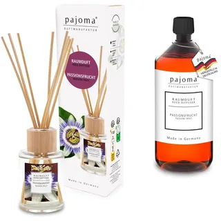 pajoma® Raumduft Passionsfrucht 100 ml + Nachfüller 1000 ml | Komplett-Set mit Rattanstäbchen | Langanhaltender Diffuser, Premium Qualität
