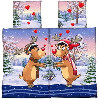 one-home 4 TLG. Flausch Bettwäsche Elch Partner in 135 x 200 cm aus Microfaser Thermofleece (Premiumdruck)