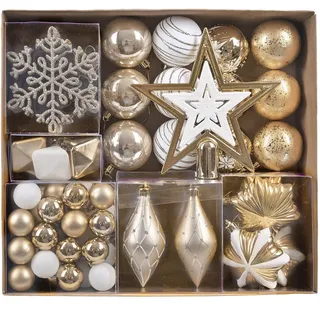 Valery Madelyn Weihnachtskugeln 90 Stücke Christbaumkugeln Weihnachtsbaumschmuck Bruchsicher Plastik Weihnachtendeko-Set mit Anhänger für Party Weihnachtsdeko Gold Weiß Elegant Thema