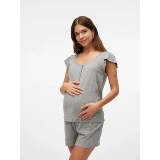 Umstandspyjama MAMALICIOUS "MLMIRA LGM LIA CAP JRS PYJAMAS 2F NOOS", Damen, Gr. XS (34), grau (light grau melange), Jersey, Obermaterial: 85% Baumwolle, 15% Viskose, meliert, kurz, Rundhals, Homewear-Sets Umstandspyjama