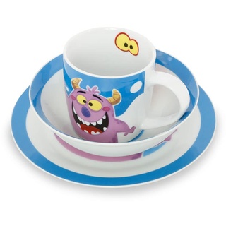 GREENBOX Porzellan Kinder-Geschirrset I Frühstücksset 3-teilig spülmaschinenfest I Tasse-Teller-Schüssel-Set mit Motiv I Geschenkideen für Kinder I lustiges Kindergeschirr mit Monster-Bild