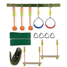 HOQ Hangel-Parcour - Ninja Slackline-Set mit 10 m Slackline, Seilen, Griffen & mehr Trainings-Zubehör - Garten-Parkour - Outdoor Kletter-Spielplatz