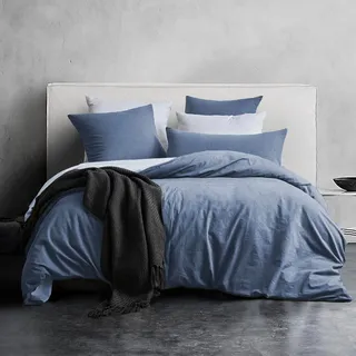 MILDLY Bettwäsche 155x220 Baumwolle, Bettwäsche-Sets Denim Blue 2 Teilig mit Reißverschluss Ähnliche Textur wie Stone Washed Leinen und Enthält 1 Bettbezug und 1 Kissenbezug 80x80