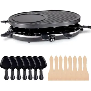 8 Personen Set Raclette Grill oval - Mit Grillplatte & Crepes Funktion - Tischgrill inkl. Pfännchen & Schaber