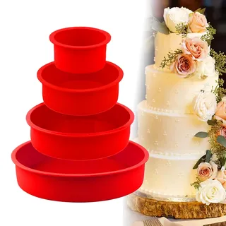 FRTAOOP 4 Stück Silikon Backform Rund, Kuchenformen Silikon Set, 10 cm 15cm 20cm 25cm, Antihaft Kuchenform, für Kuchen, Käsekuchen (Rot)
