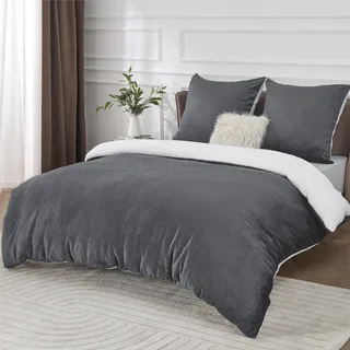 BEDSURE Flauschige Bettwäsche 155x220 Grau - Winter Bettbezug Fleece mit 2 Kissenbezüge 80x80 cm, Warme Bettwäsche-Sets mit Reißverschluss, Waffelpique Winterbettwäsche Anthrazit für Doppelbett