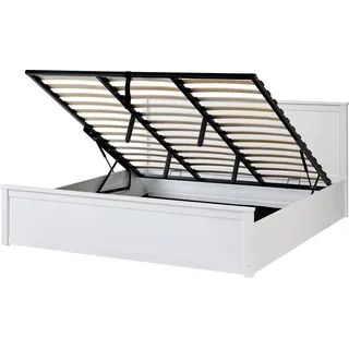 BELIANI Bett Weiß Kiefernholz mit Bettkasten Lattenrost 180x200 cm Hochklappbar Hohes Kopfteil Skandi-Stil Schlafzimmer Doppelbett Holzbett - Weiß