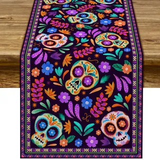 Dia De Los Muertos Tischläufer, Cinco de Mayo, rustikales Leinen, mexikanischer Zuckerschädel, Tag der Toten, Altar, Dekoration für Zuhause, Küche, Esszimmer, 33 x 274,3 cm