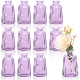 12 Stück Kleine Vasen für Tischdeko, 11× 6,5cm Blumenvasen Klein Glasvasen für Hochzeit Tischdeko, Lila