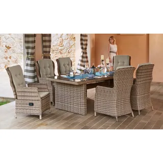 MERXX Garten-Essgruppe »Riviera« 6x Sessel inkl. Sitz- und Rückenkissen, 1x Tisch 200x100 cm, 13 Stk. tlg. Polyrattan, Stahl, inkl. Auflagen, geeignet für 6 Personen, beige