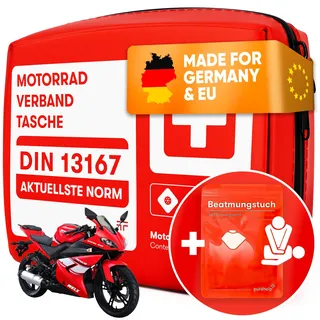 PURAHELP Motorrad Verbandskasten nach aktueller Norm 2026 DIN 13167 (StVO konform) - Inkl. Beatmungstuch - Motorrad Erste Hilfe Set 2026 Mini Klein