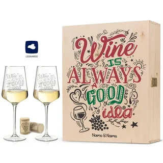 Leonardo XL Weinglas mit Gravur inkl. bedruckter Holzkiste - Wine is always a good Idea - Geburtstagsgeschenk für Männer & Frauen - Geeignet als Rotweingläser Weißweingläser Farbe Große Kiste UV