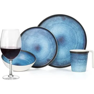 Melamin Camping Geschirr Set 4 Personen Deep Ocean + 4 Tiamo Rotwein Gläser Rot Weingläser Tafelgeschirr Picknick BBQ Kochgeschirr - Rot